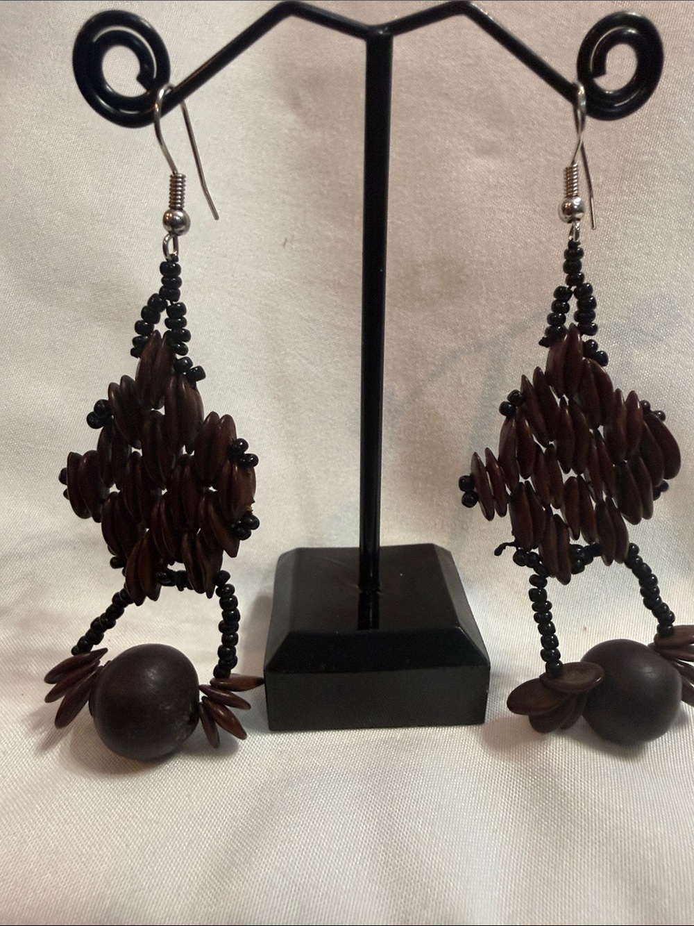 Handmade Natural Seed & Bead Boho Dangle Earrings Earthy Neutral Statement